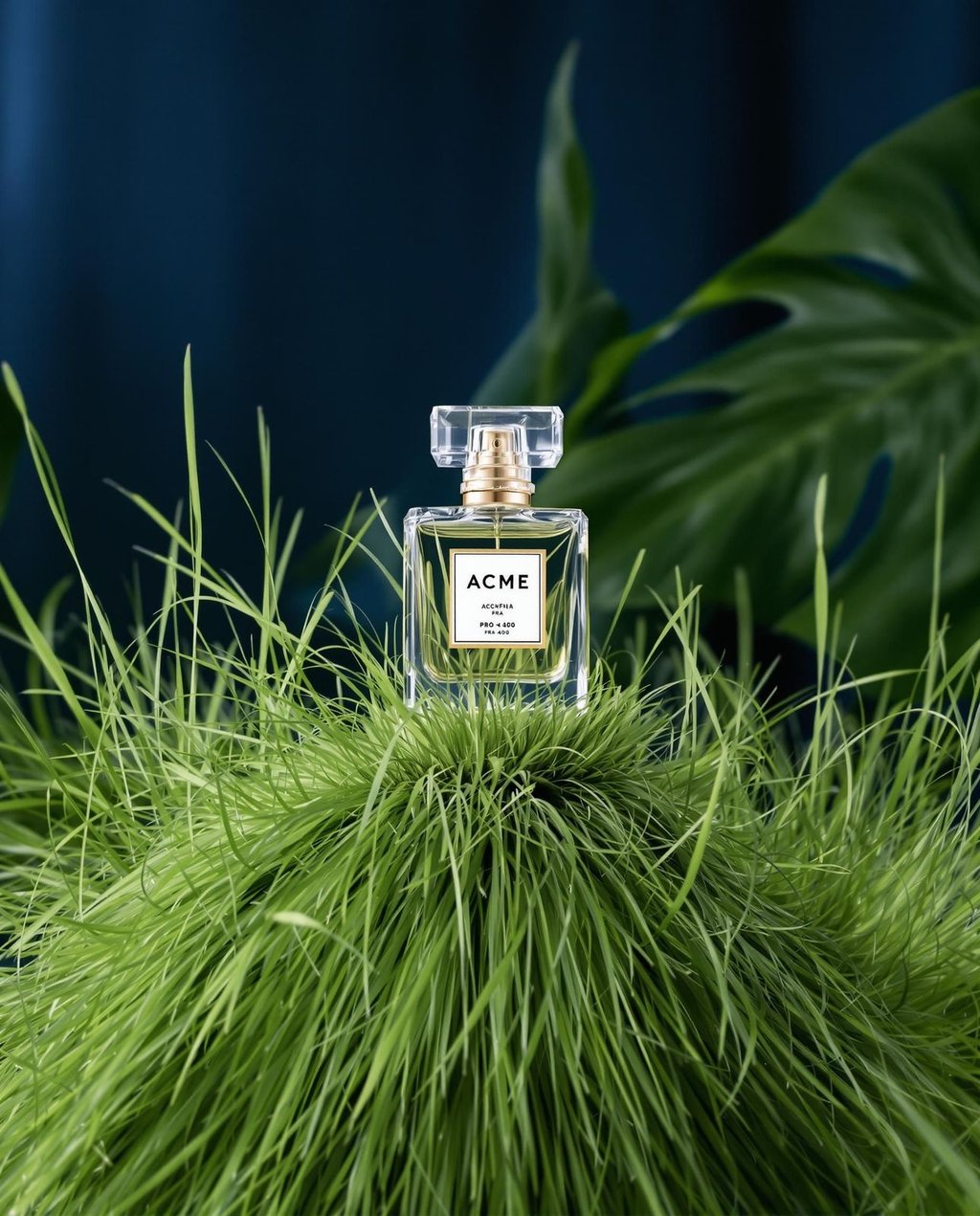 Perfume bottle photographed in the Grassy Studio environment with lush green botanical background
