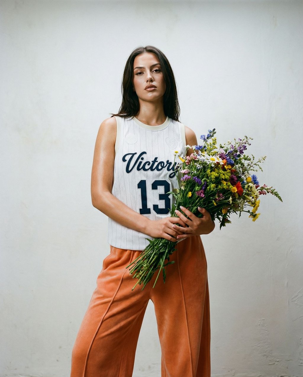 Young woman in a white Victory 13 jersey holding a vibrant wildflower bouquet against a minimalist white studio wall, demonstrating how studio presets curate specific visual identities