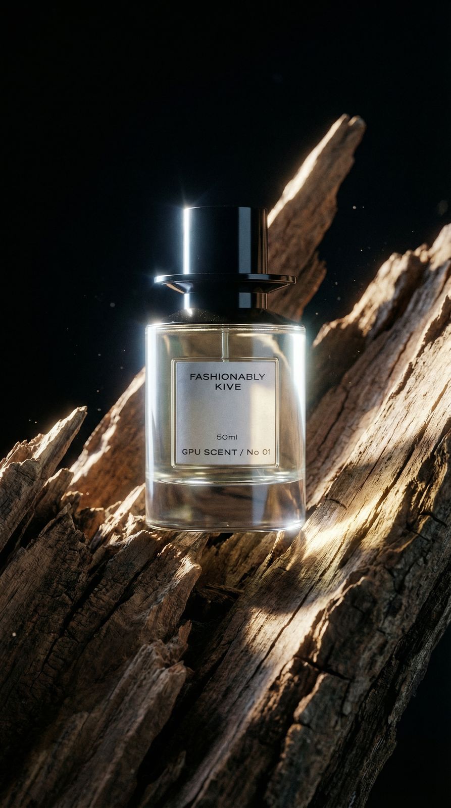 Perfume bottle dramatically lit against a dark Blackwood studio background with high-contrast rim lighting