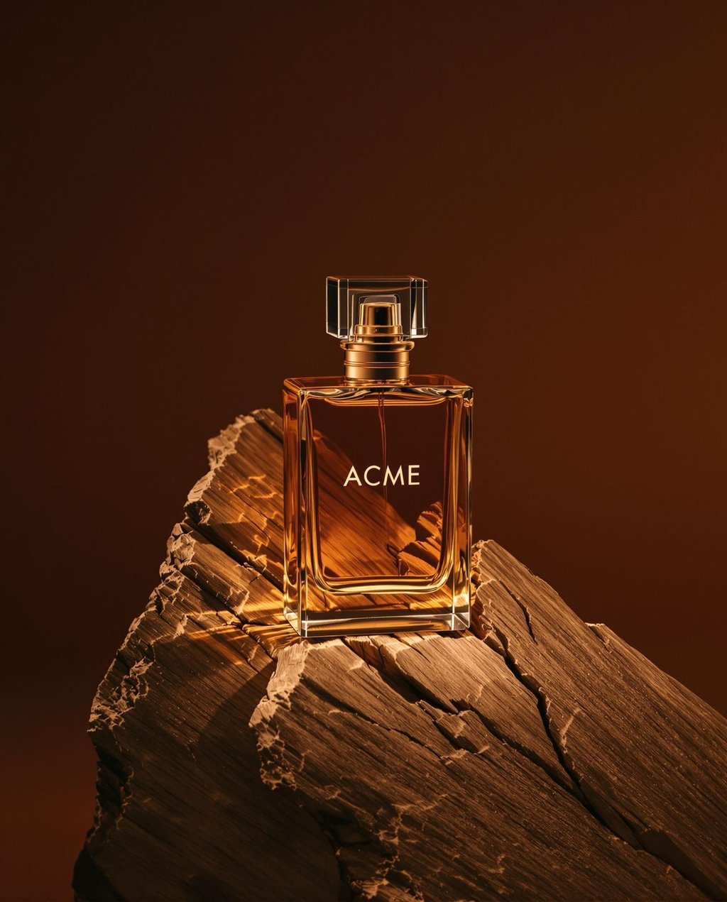 ACME luxury perfume bottle with amber liquid on natural wood pedestal against dark brown studio background