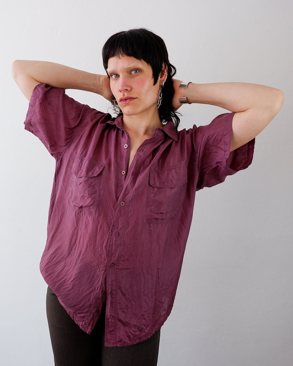 Original product image of Vintage 80s 90s burgundy/pink short sleeve blouse | S-M