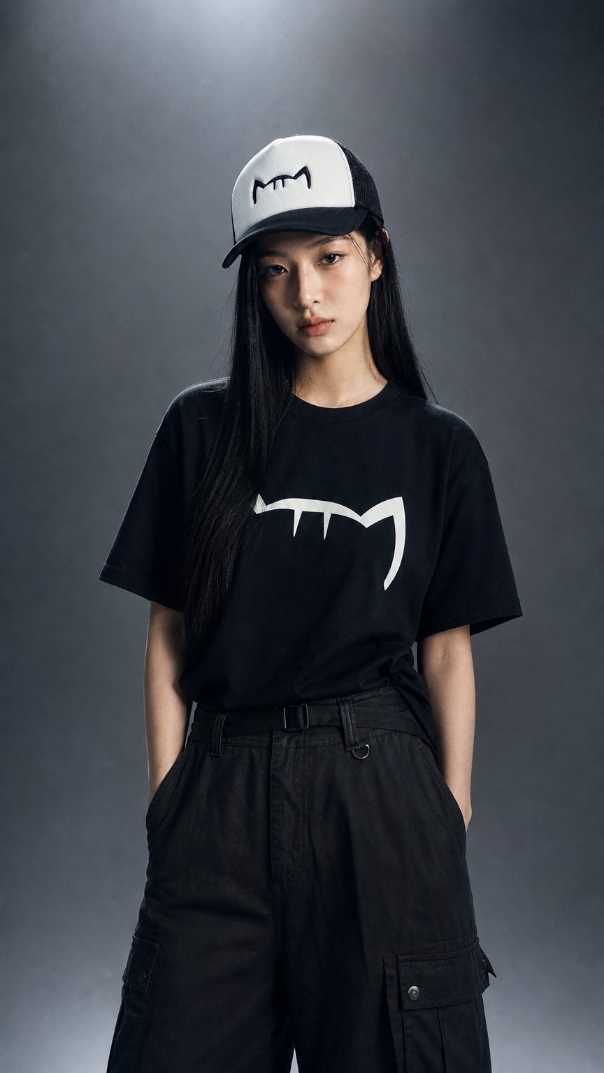 AI product shot of 시그니처 키티 메쉬 캡 (화이트/블랙)