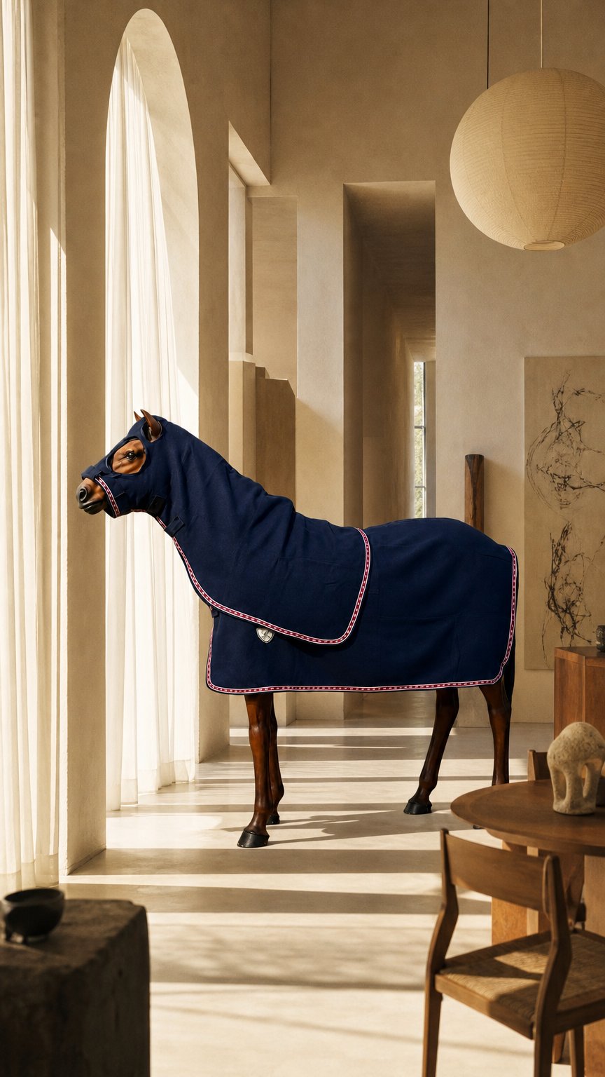 AI product shot of Kersey Wool RUG& HOOD Set Navy with Red Ribbon Trim