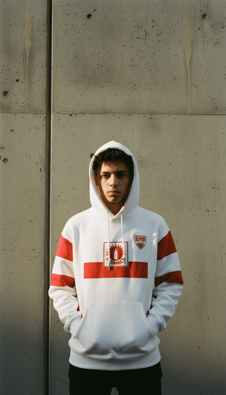 AI product shot of VfB Hoodie Südmilch