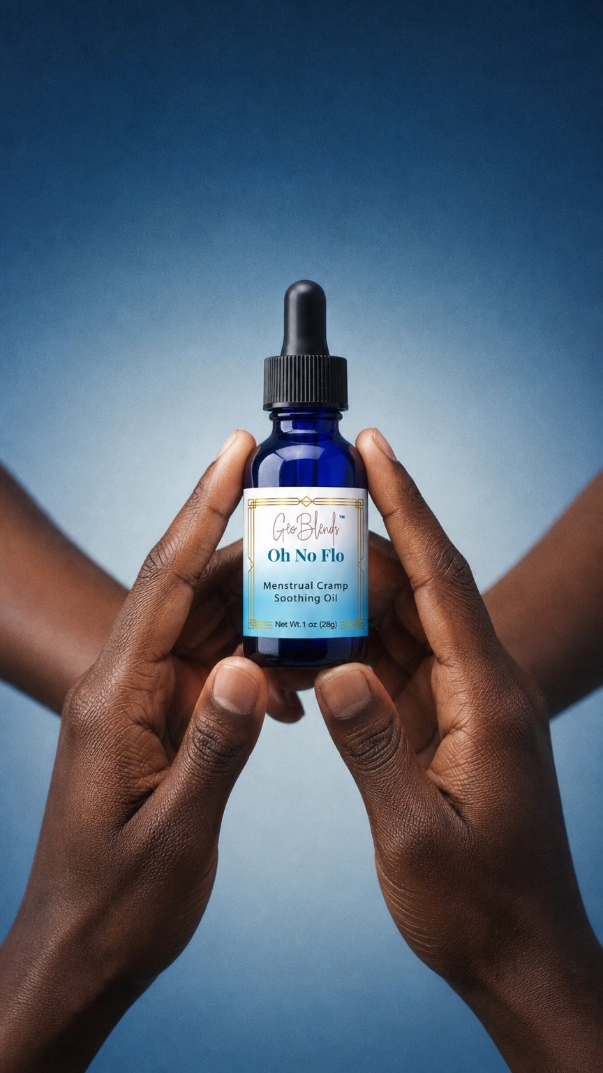 AI product shot of GeoBlends Oh No Flo Menstrual Cramp Soothing Oil
