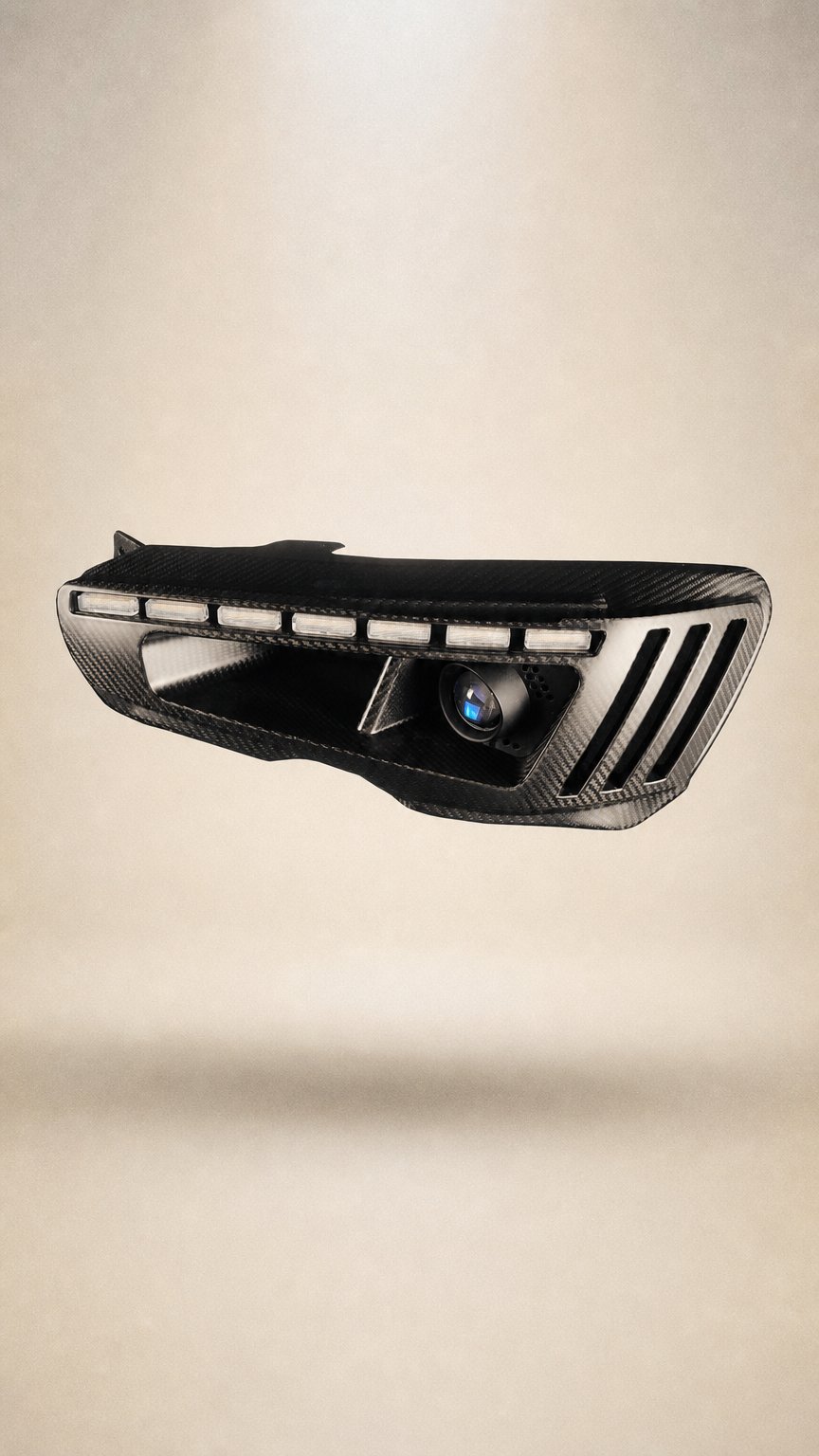 AI product shot of Mitsubishi Evolution X APEX Dry Carbon Vented Headlight with Integrated Projector, DRL & Indicator
