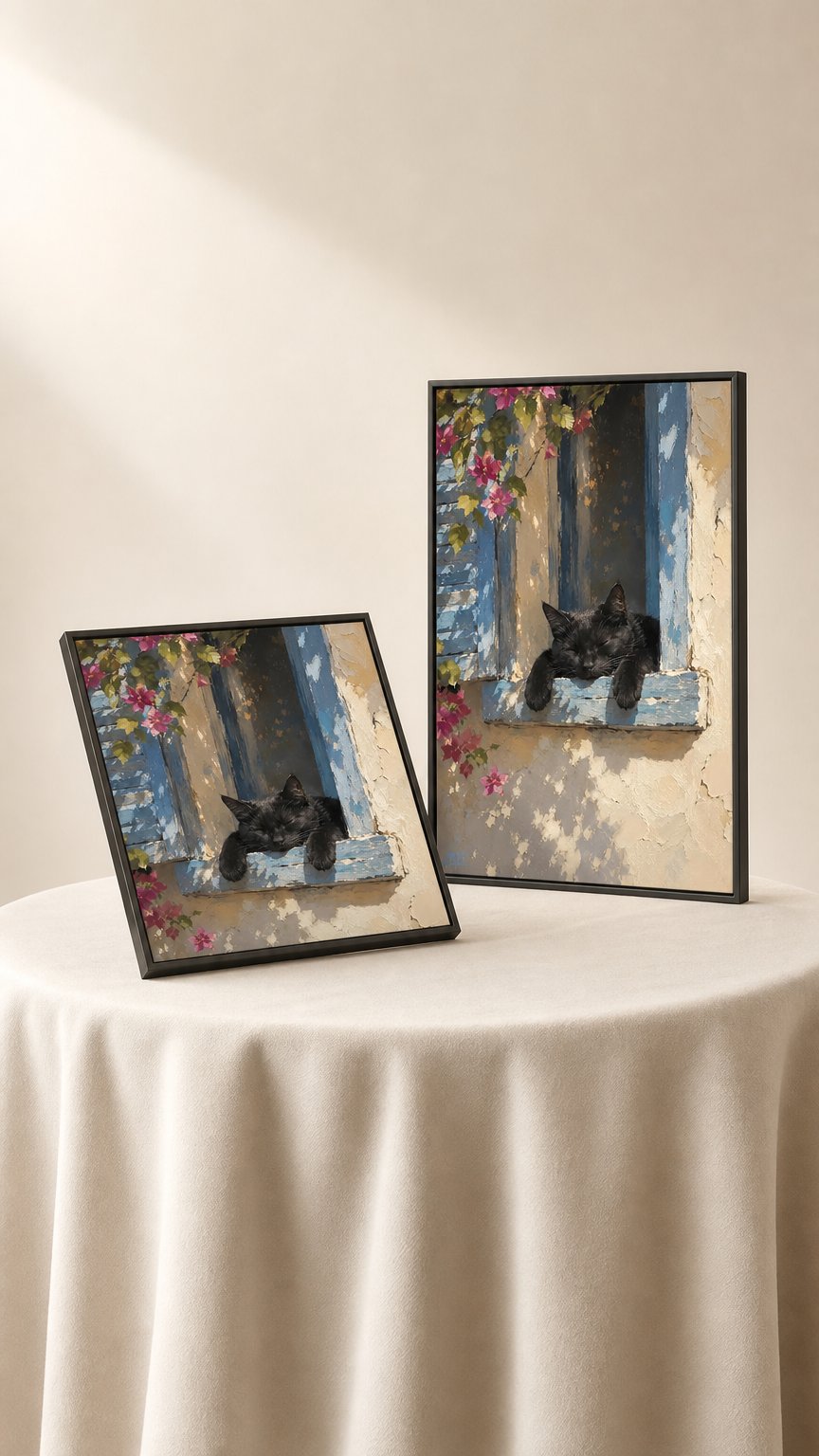 AI product shot of Sleeping Black Cat Wall Art Print, Mediterranean Window Cat Painting, Cozy Decor