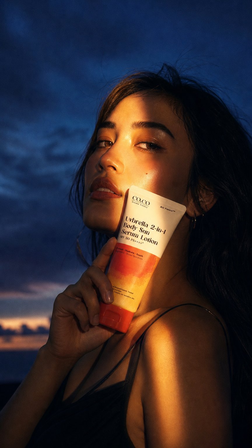 AI product shot of Uvbrella 2-in-1 Body Sun Serum Lotion SPF 50 PA++++