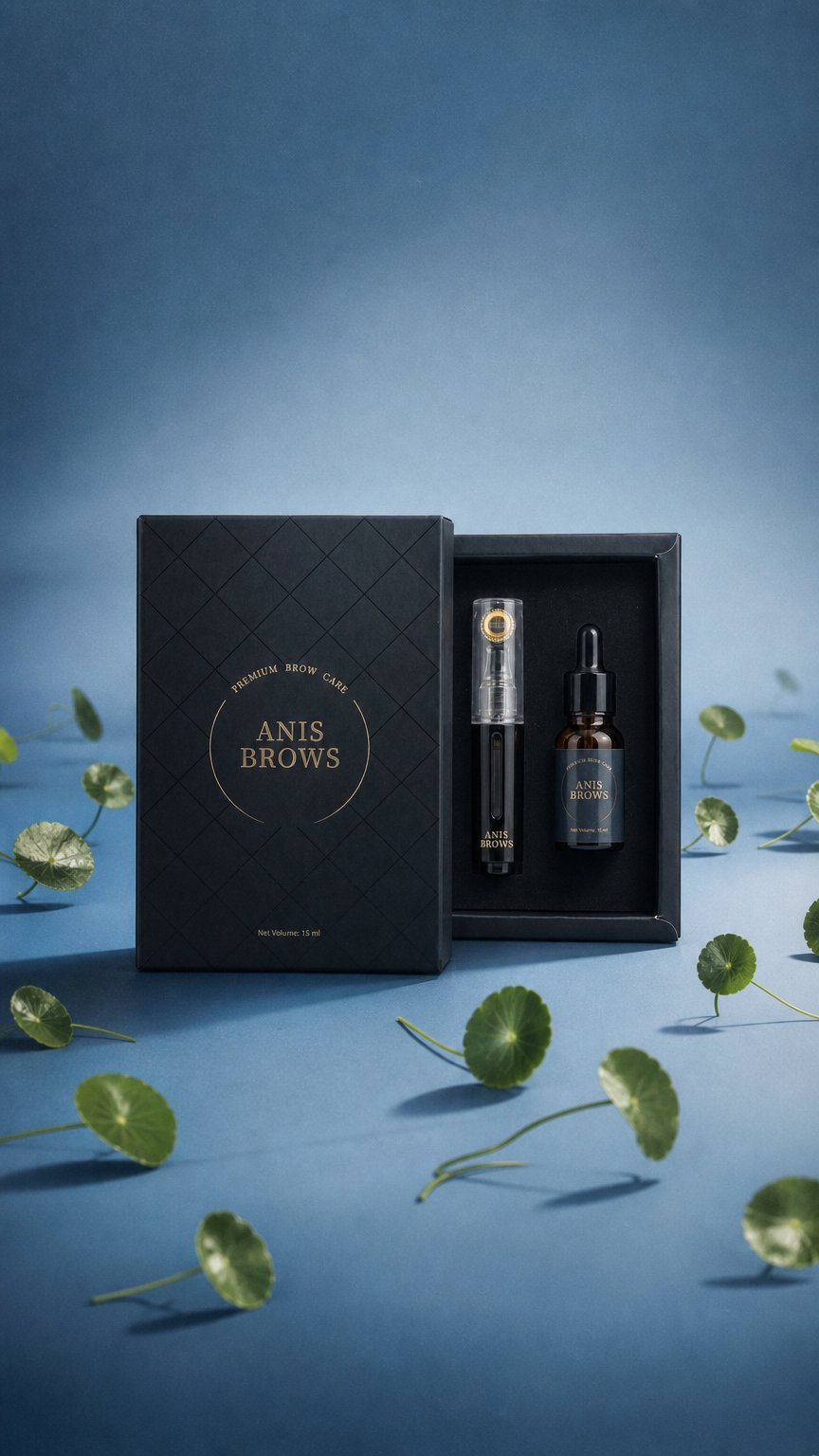 AI product shot of The Anis Brows Kit · Micro-Roller + Conditioning Serum