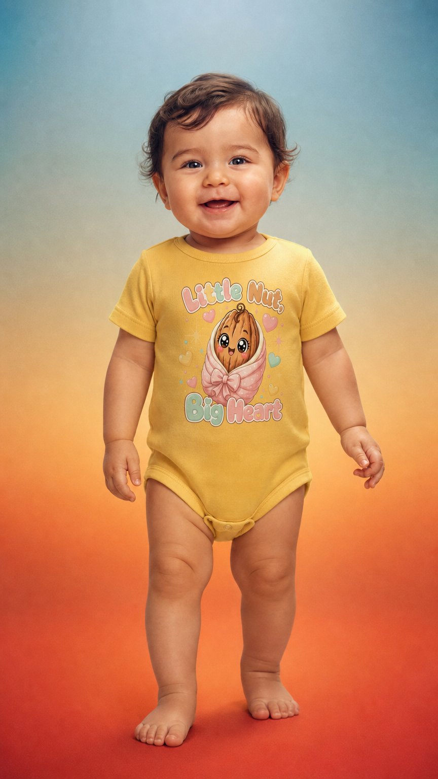 AI product shot of Little Nut, Big Heart Onesie – Sweet Southern Kidswear Art by NuttyMerch