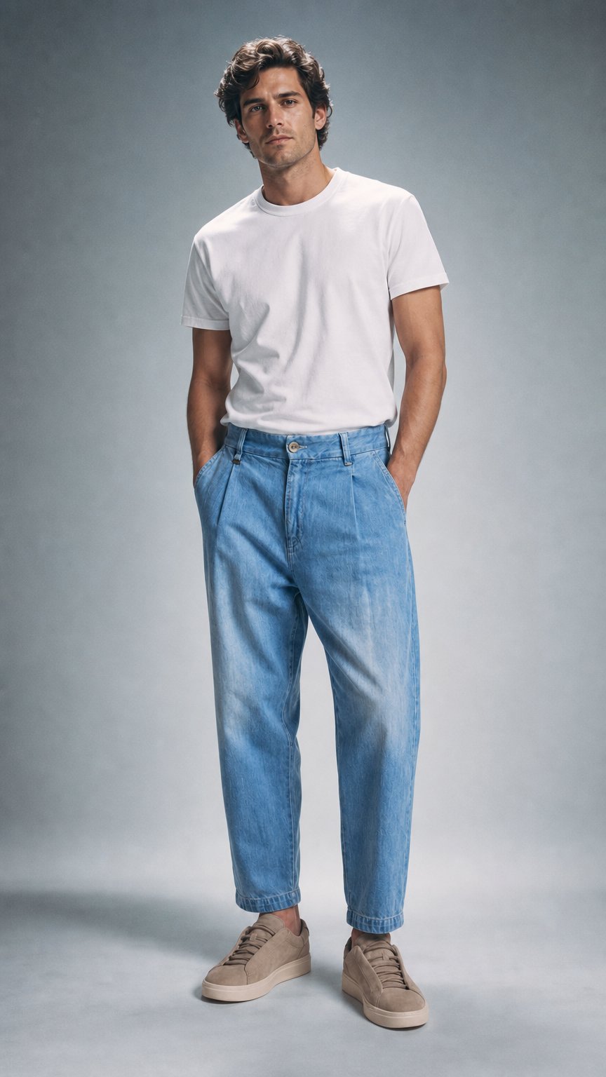 AI product shot of Vilnius 2335 Light Blue Pleated Jeans - Men's Denim, Relaxed Fit