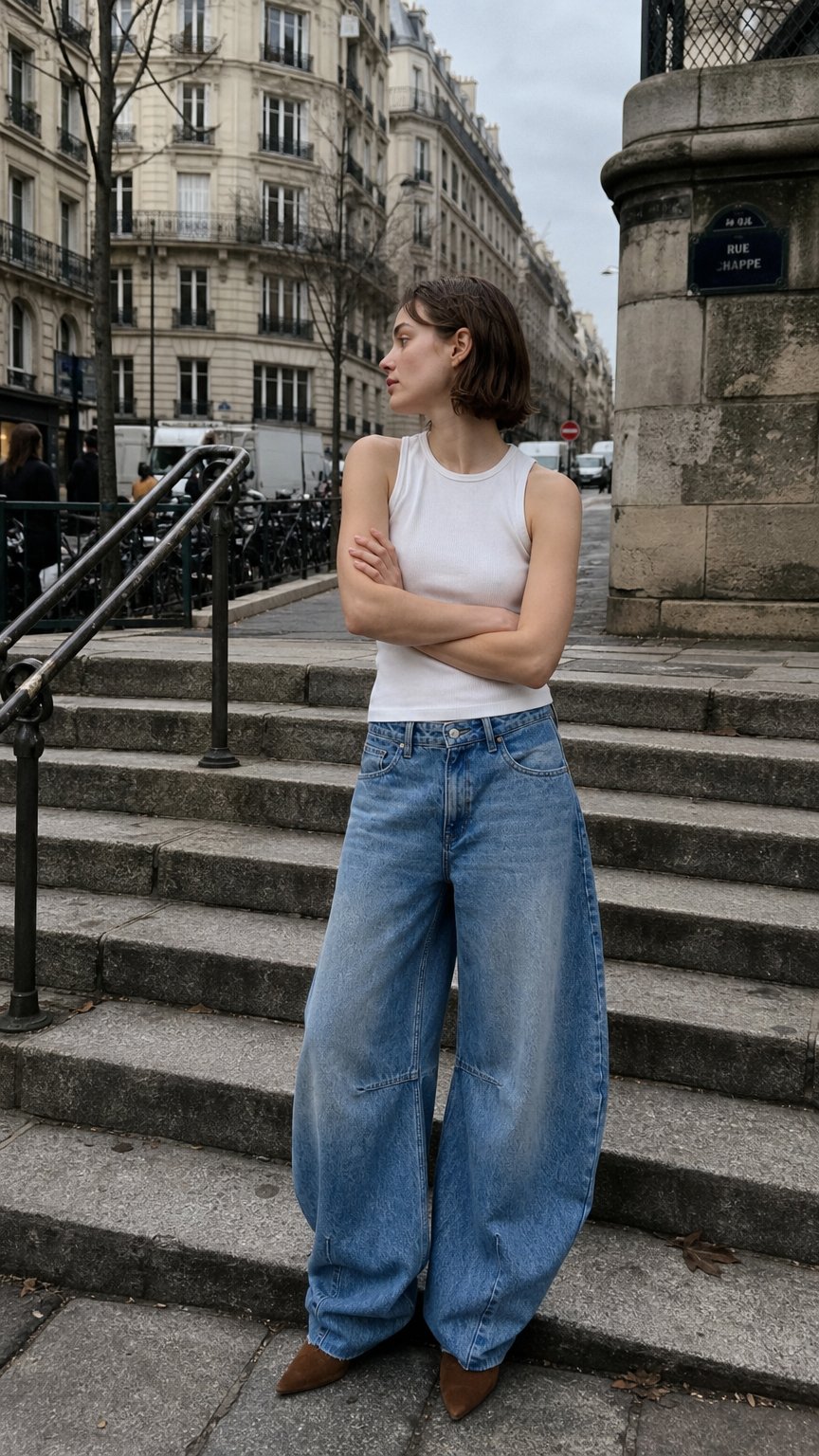 AI product shot of Jimi - Mid Waist Barrel Jeans With Darts