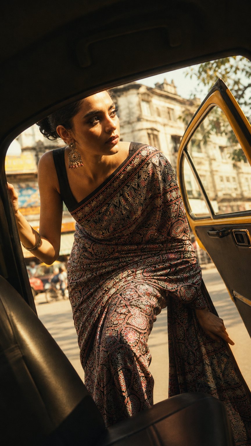 AI product shot of “Ruhani Rang” – Soonyachi Ajrakh Crepe Silk Saree