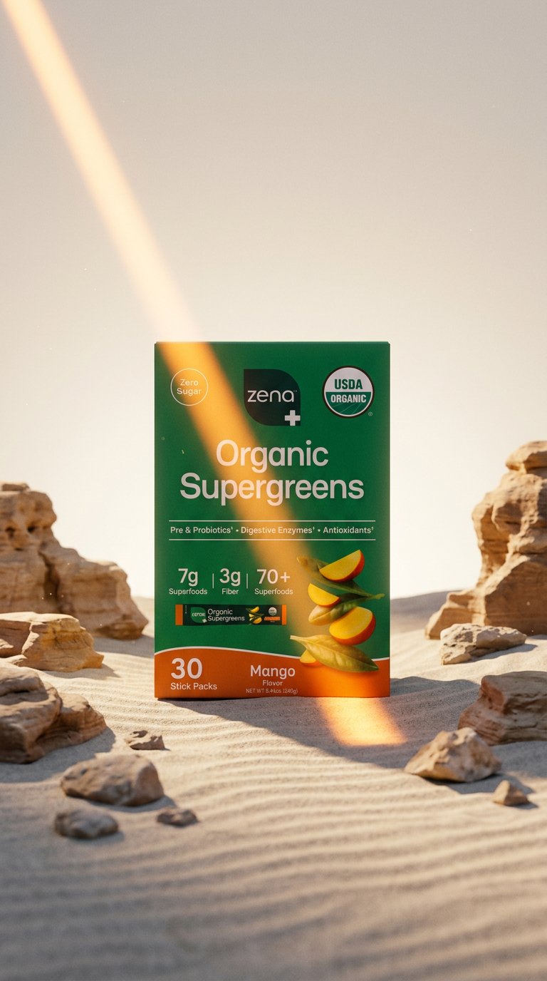 AI product shot of Zena Nutrition Organic Supergreens Powder - Mango