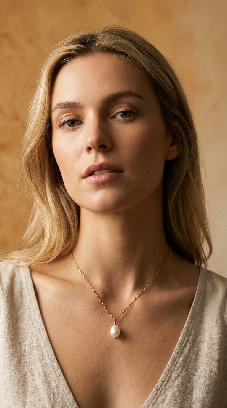 AI product shot of Freshwater Rice Pearl & Gold Necklace