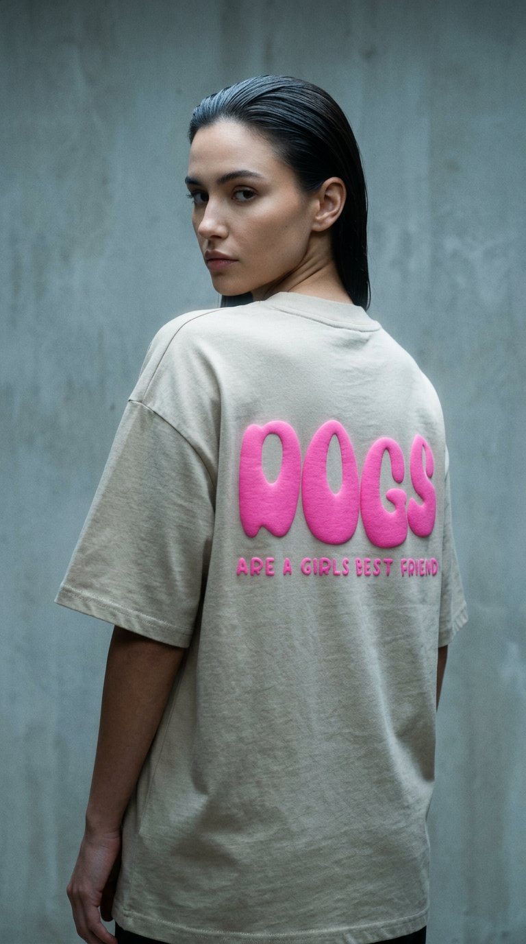 AI product shot of UNISEX T-SHIRT "DOGS ARE A GIRLS BEST FRIEND"