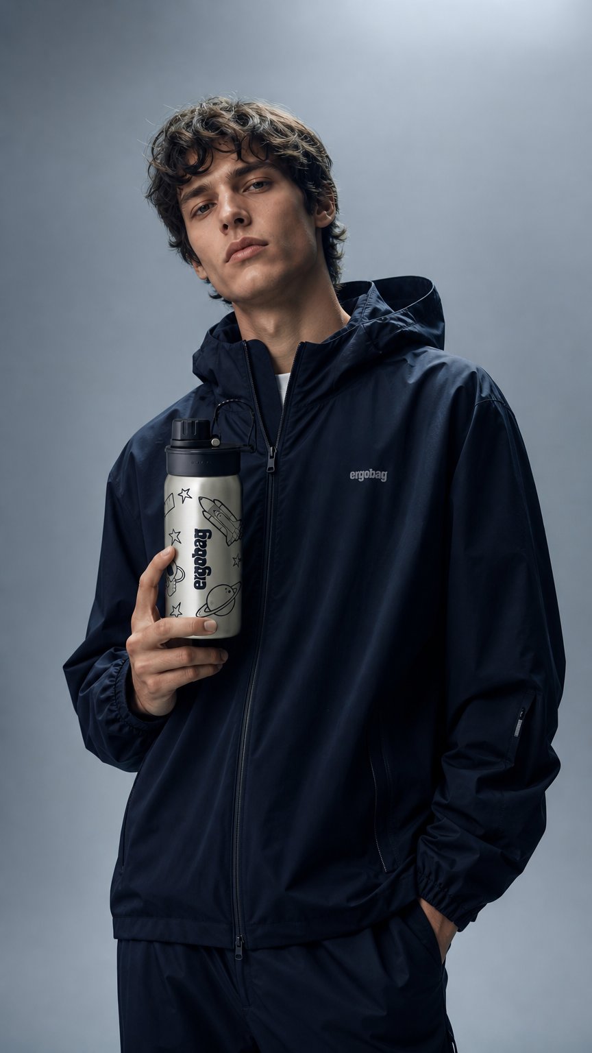 AI product shot of ergobag Edelstahl Trinkflasche Schwarz