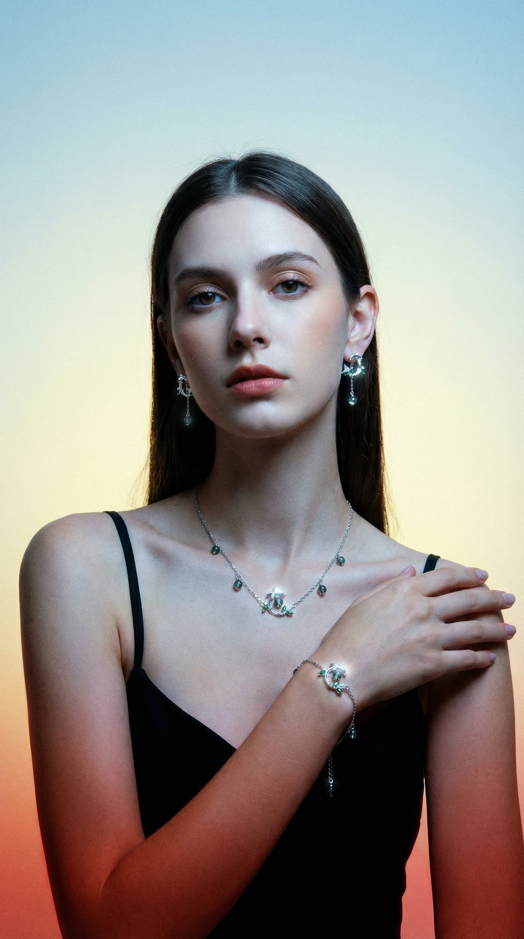 AI product shot of The Wizard of Oz Green Crystal Jewelry Set by Thaya