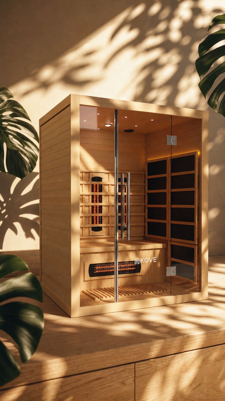 AI product shot of KOVE Full Spectrum Infrared Sauna – 3 Person