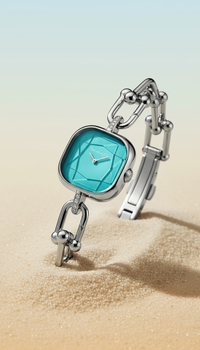 AI product shot of Tiffany HardWear Watch in Sterling Silver and Steel with Diamonds