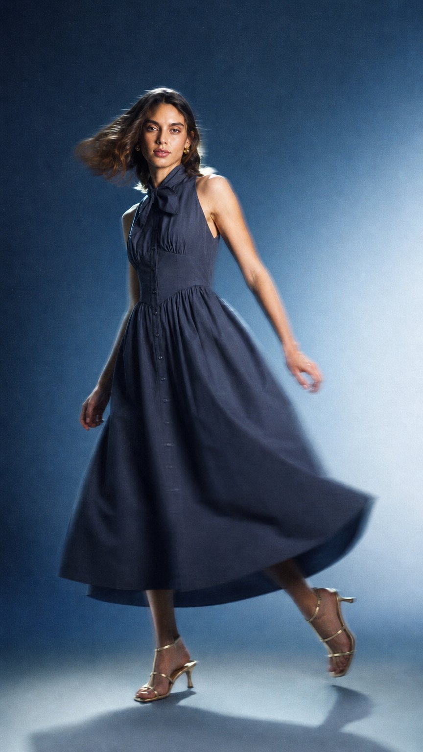 AI product shot of Cotton Poplin Tie Neck Midi Dress