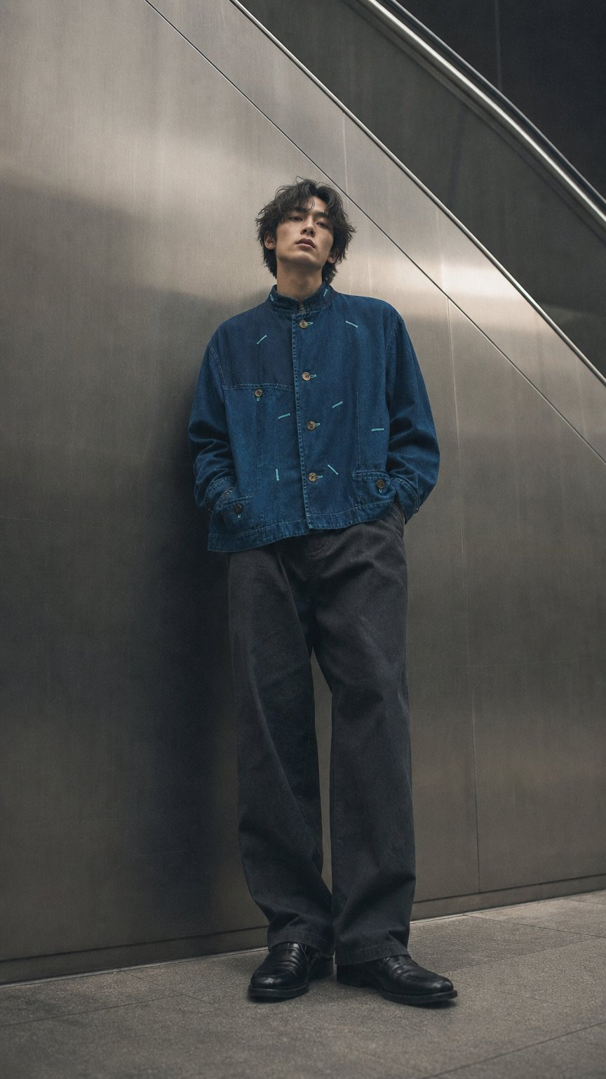 AI product shot of ISSEY MIYAKE - F/W 1993 PANELED DENIM JACKET WITH CONTRAST EMBROIDERED DETAILS ALL OVER