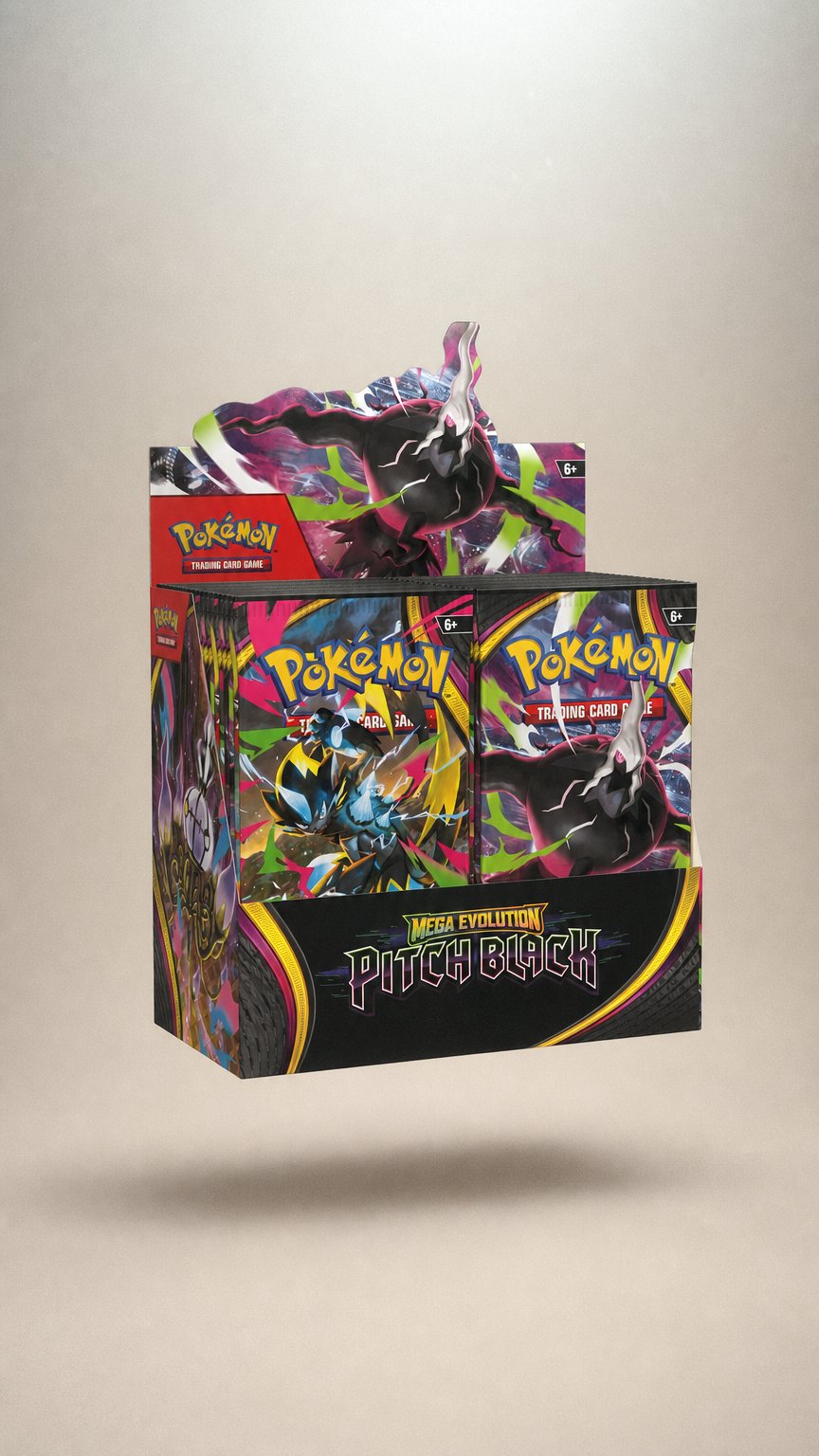 AI product shot of Pokémon TCG: Mega Evolution—Pitch Black Booster Display Box