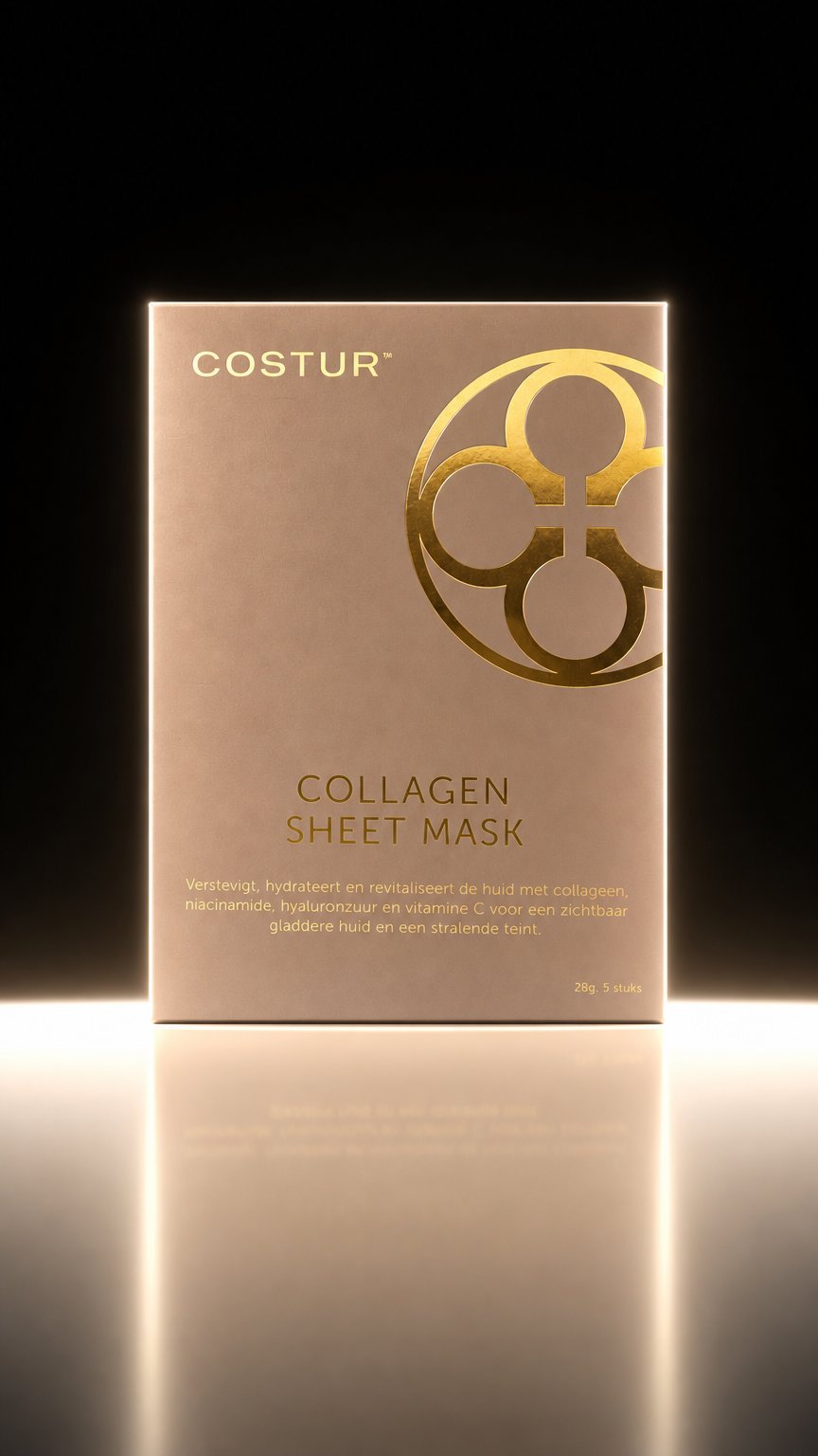 AI product shot of Collagen Sheet Mask - 28g (5 stuks) - Verstevigd en revitaliseert de huid met collageen voor een gladdere huid.