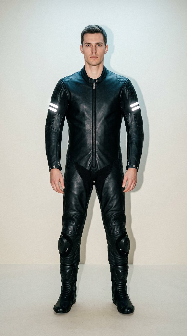 AI product shot of Men’s Black Motorcycle Leather Racing Suit