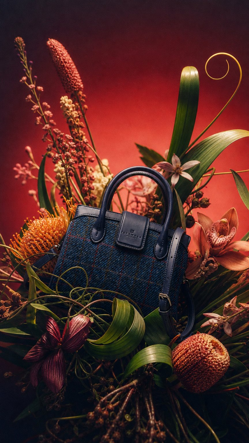 AI product shot of Islander Mini Tiree Tote with Harris Tweed (Navy Over-Check)