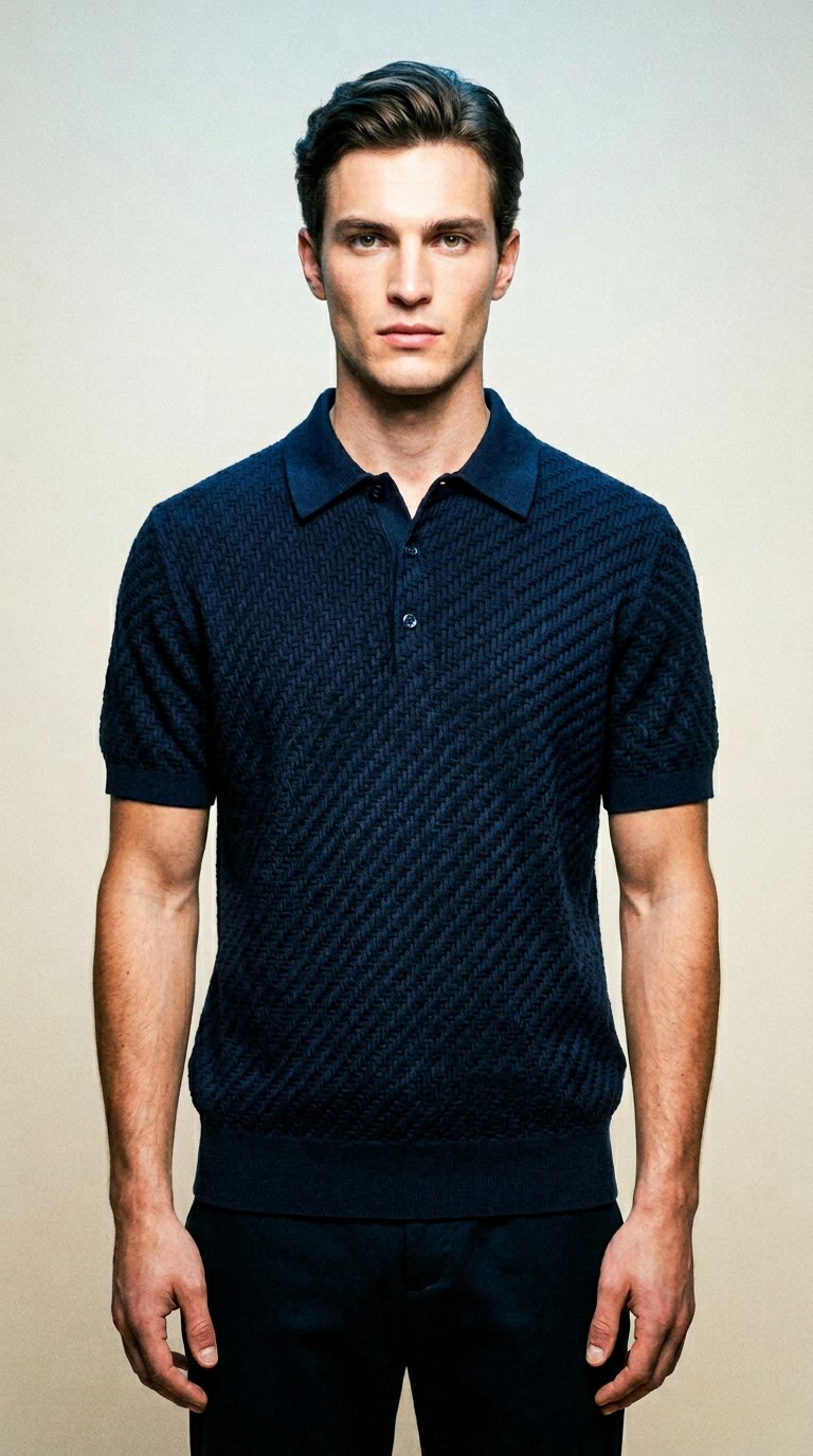 AI product shot of Navy blue cotton, silk and cashmere Trama weave polo