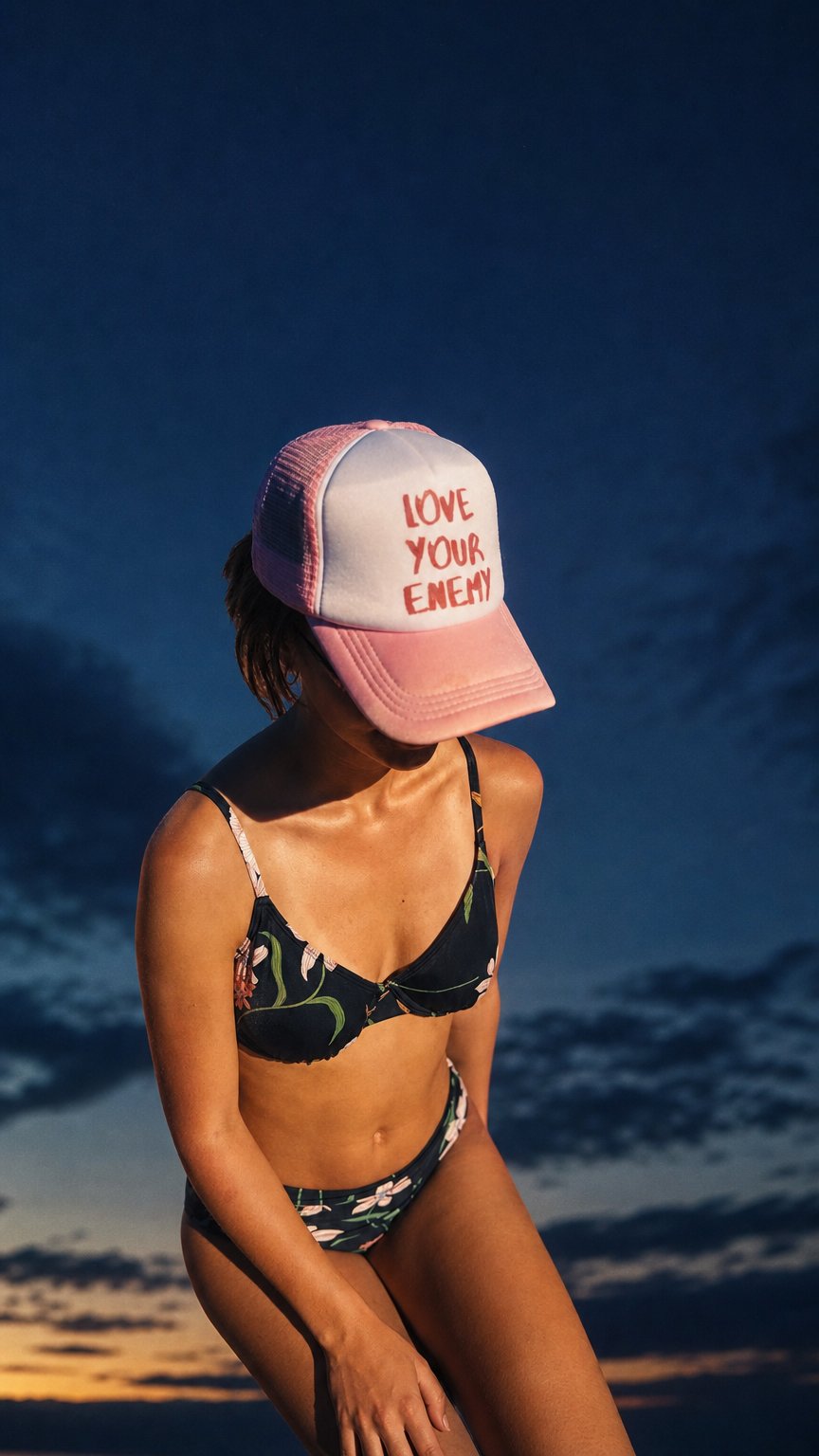 AI product shot of LOVE YOUR ENEMY HAT - breathable mesh back