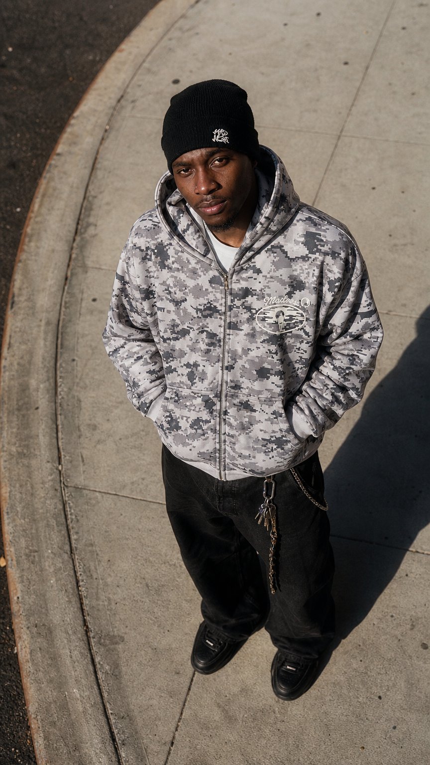 AI product shot of Camo Hood (Light Grey)