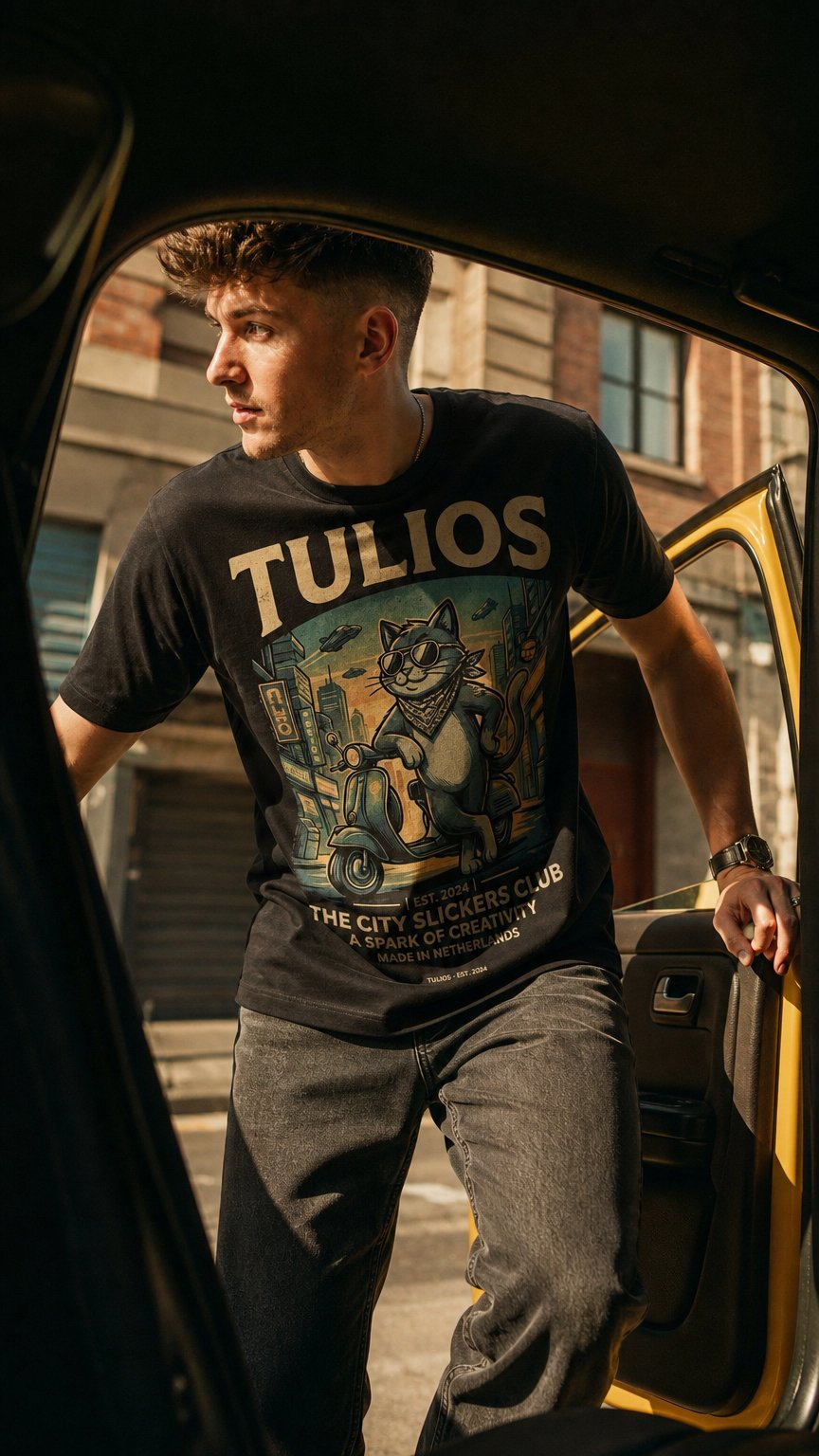 AI product shot of Tulios "Midnight Cat" Graphic Tee