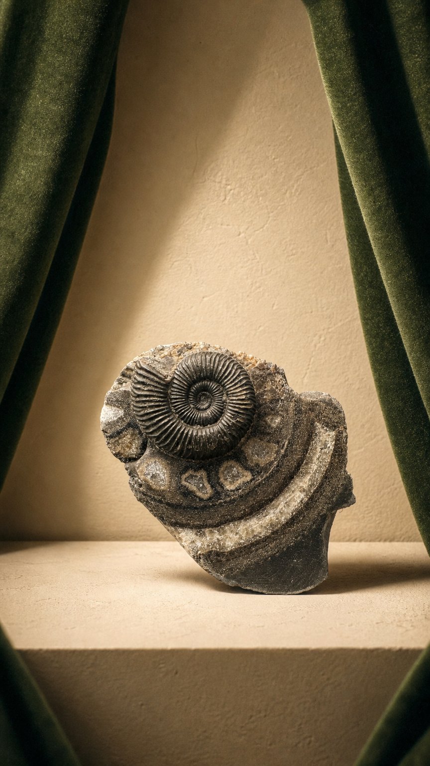 AI product shot of Dactylioceras Ammonite Fossil With Box and Stand (Gift Set) - Whitby, North Yorkshire Jurassic Coast Yorkshire Fossils