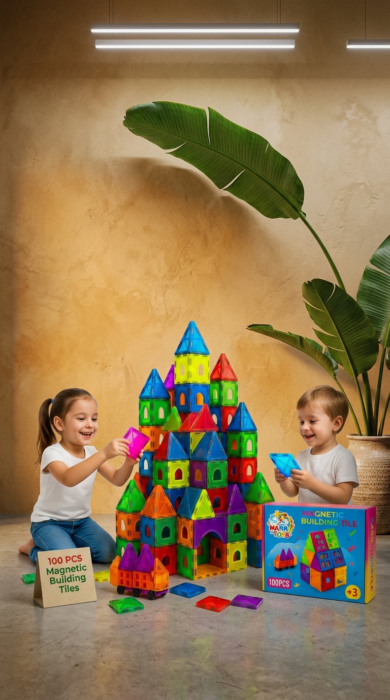 AI product shot of Magnetic Tiles 100 PCS Set for Kids | STEM Learning Building Blocks | Strong Magnets | Educational Toy Ages 3+ Boys & Girls | With Gift Bag