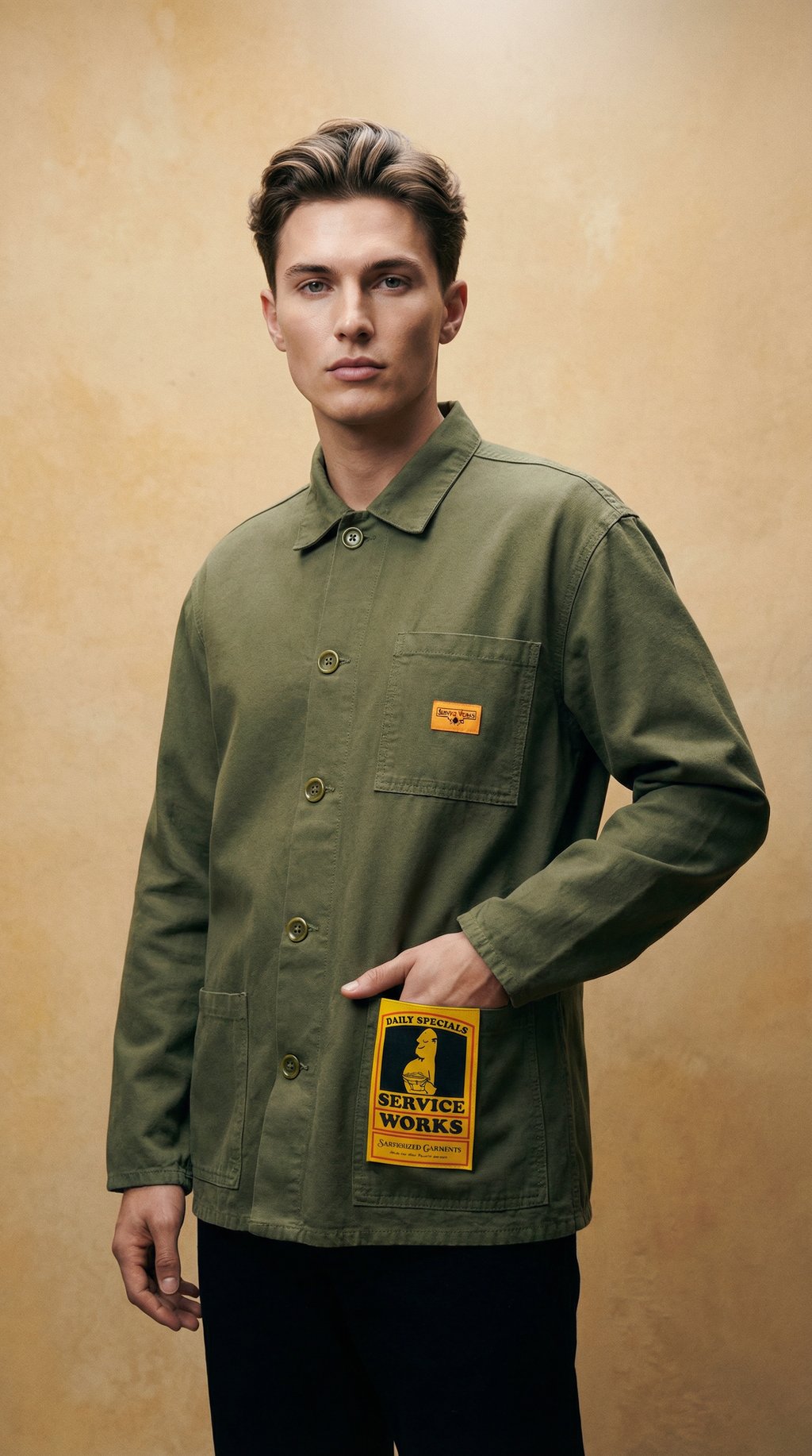 AI product shot of Service Works Canvas Chore Shirt Olive