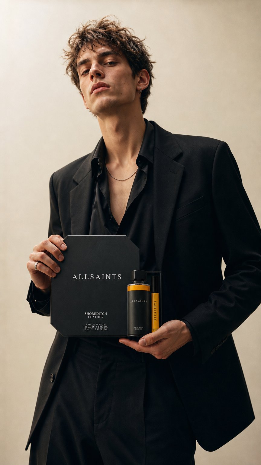 AI product shot of AllSaints Shoreditch Leather 100ml Gift Set