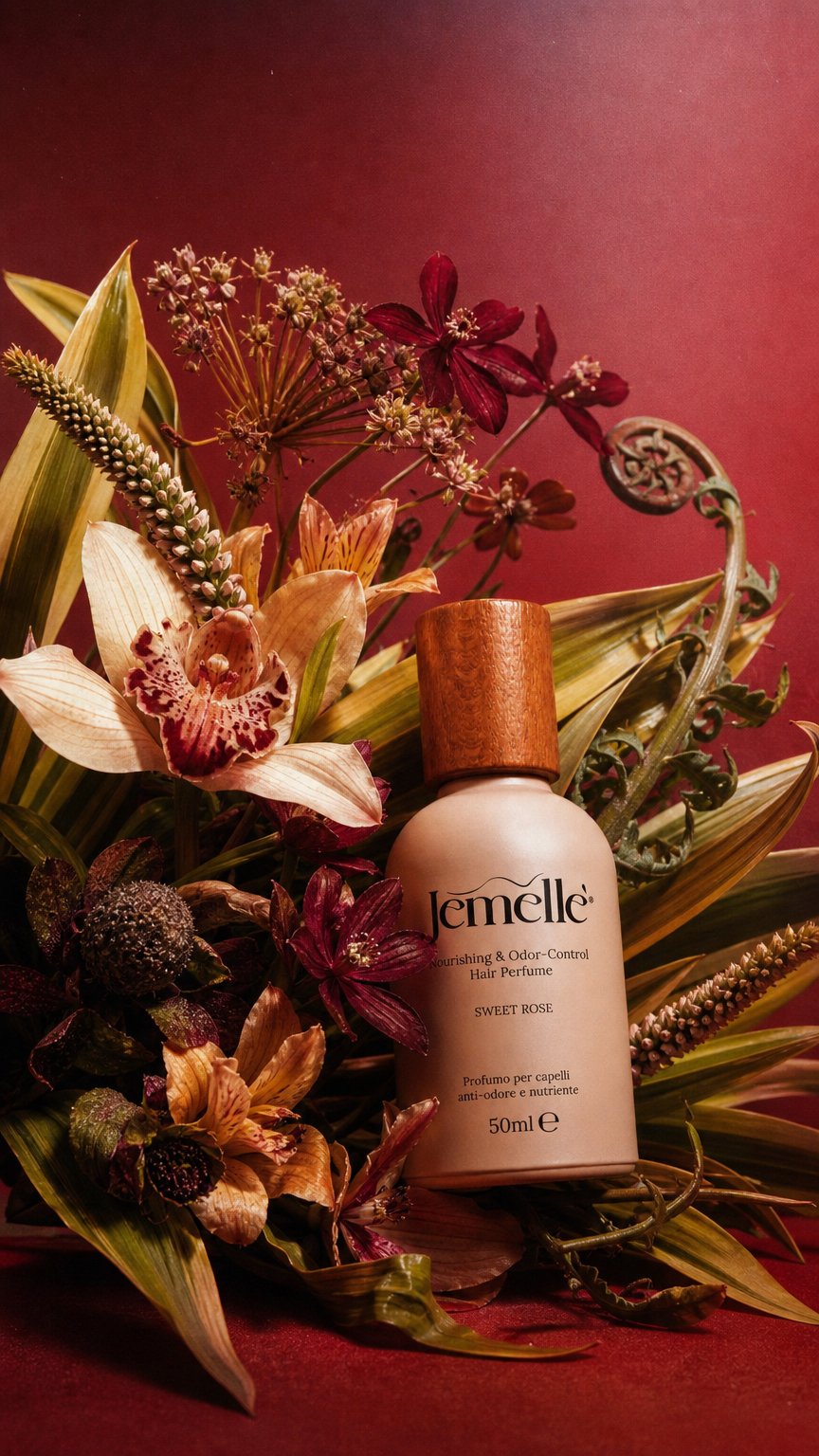 AI product shot of Jemellé Sweet Rose | Hair Perfume Senza Alcol | Nutre, Illumina e Profuma i Capelli