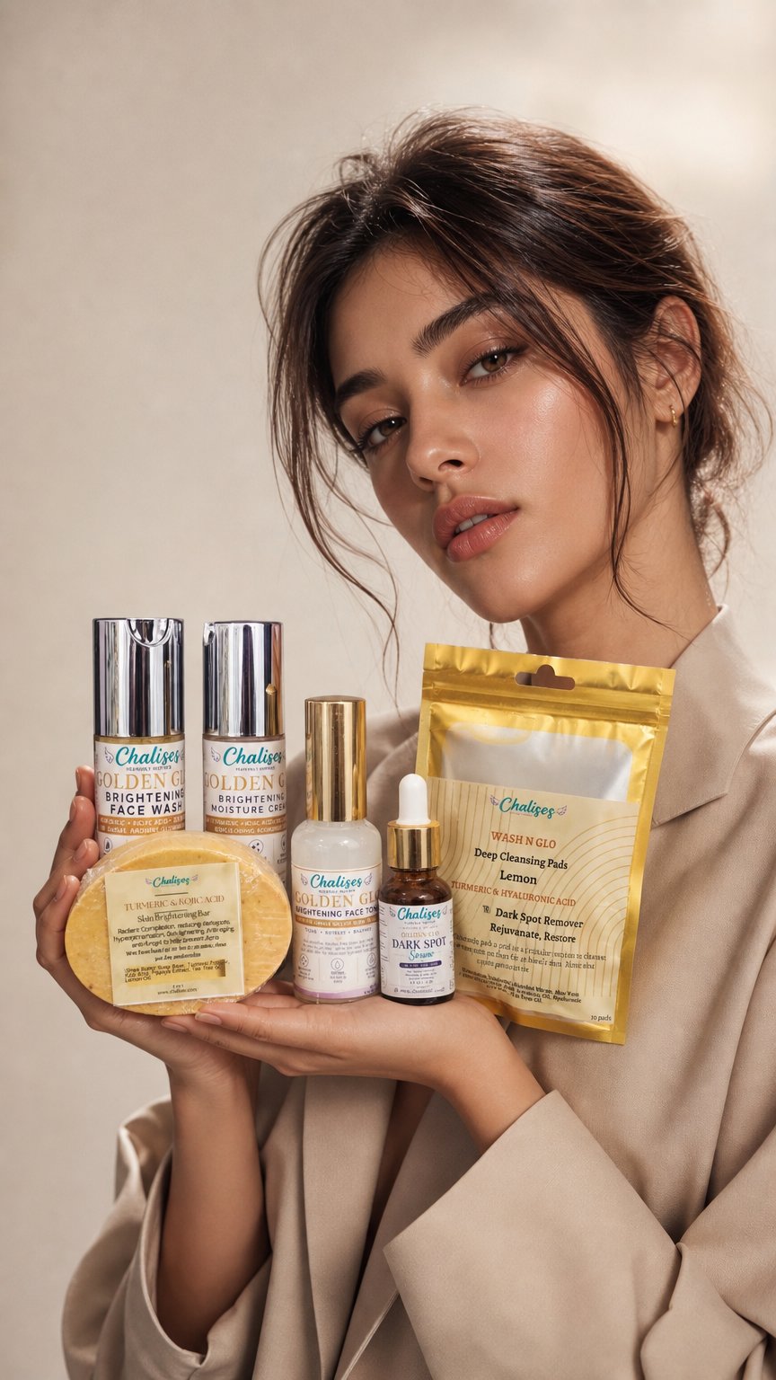AI product shot of Complete Golden Set – Golden Glo 6-Piece Turmeric Skincare Bundle | Chalises