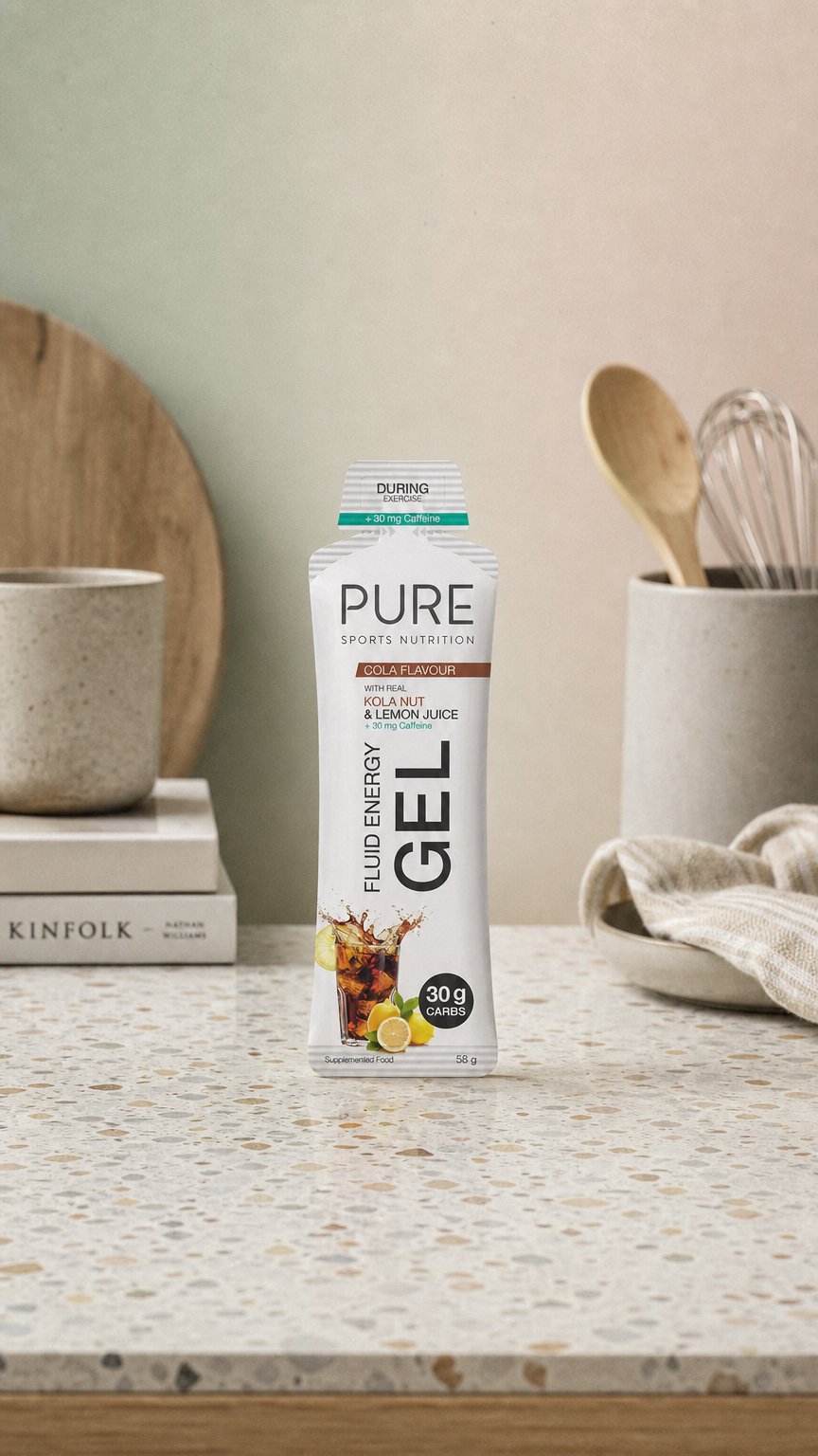 AI product shot of PURE Fluid Energy Gel - Cola + Caffeine
