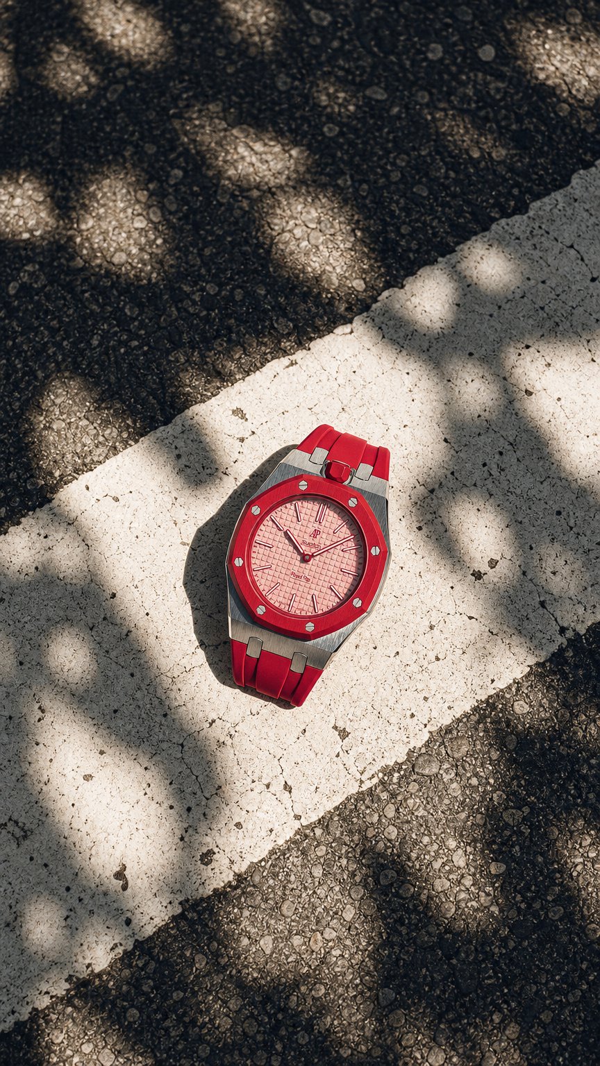 AI product shot of Red Steel Case & Rubber Strap — for AP × Swatch Royal Pop (Crown at 12)