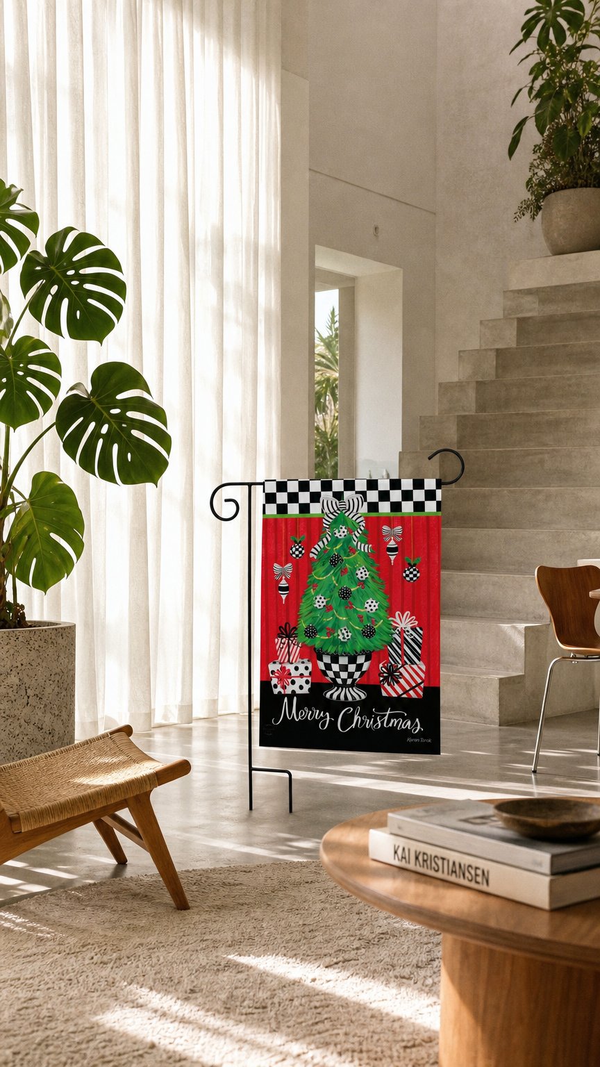 AI product shot of Festive Potted Christmas Tree Garden Flag