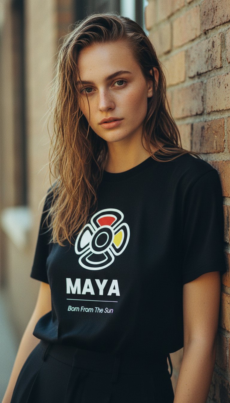 AI product shot of MAYA “Born from the Sun” Tee | Mayan Sun Symbol Design (Flor Maya) | Premium Streetwear Unisex Shirt