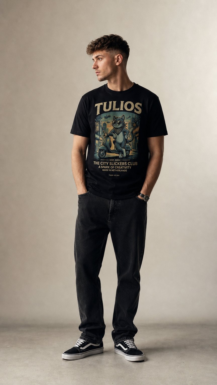 AI product shot of Tulios "Midnight Cat" Graphic Tee