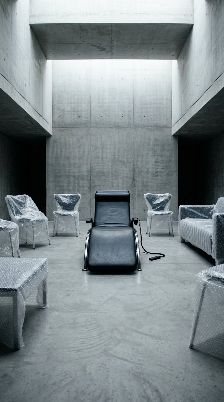 AI product shot of FA. DEWERT. Elektronisk loungestol, krom, läder.