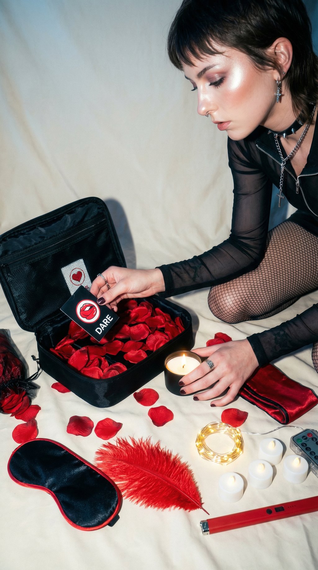 AI product shot of Travel Romance Kit with Candles, Petals, Fairy Lights & Couples Date Night Game