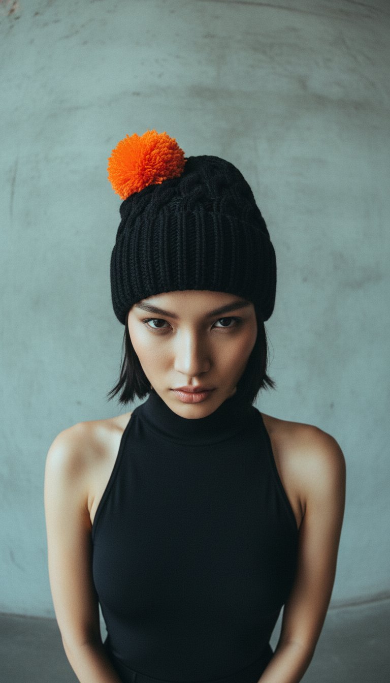 AI product shot of Satin Lined Hat With Removable Pom