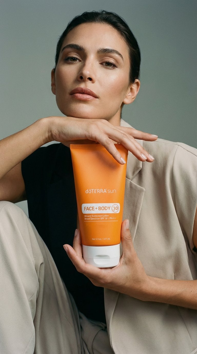 AI product shot of doTERRA sun Face + Body Mineral Sunscreen Lotion