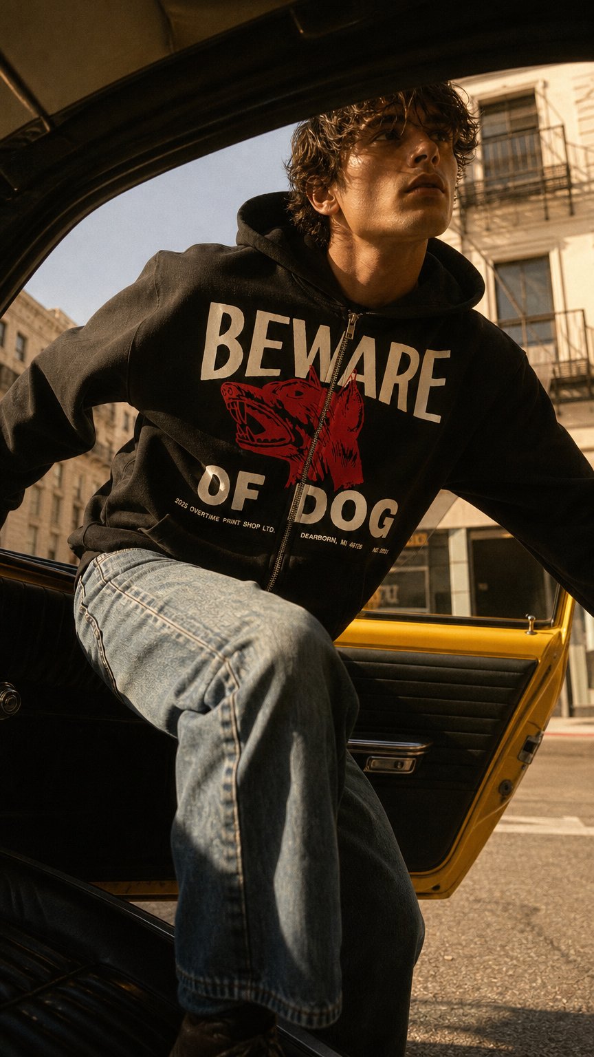 AI product shot of BEWARE OF DOG ZIP-UP HOODIE (BLACK)